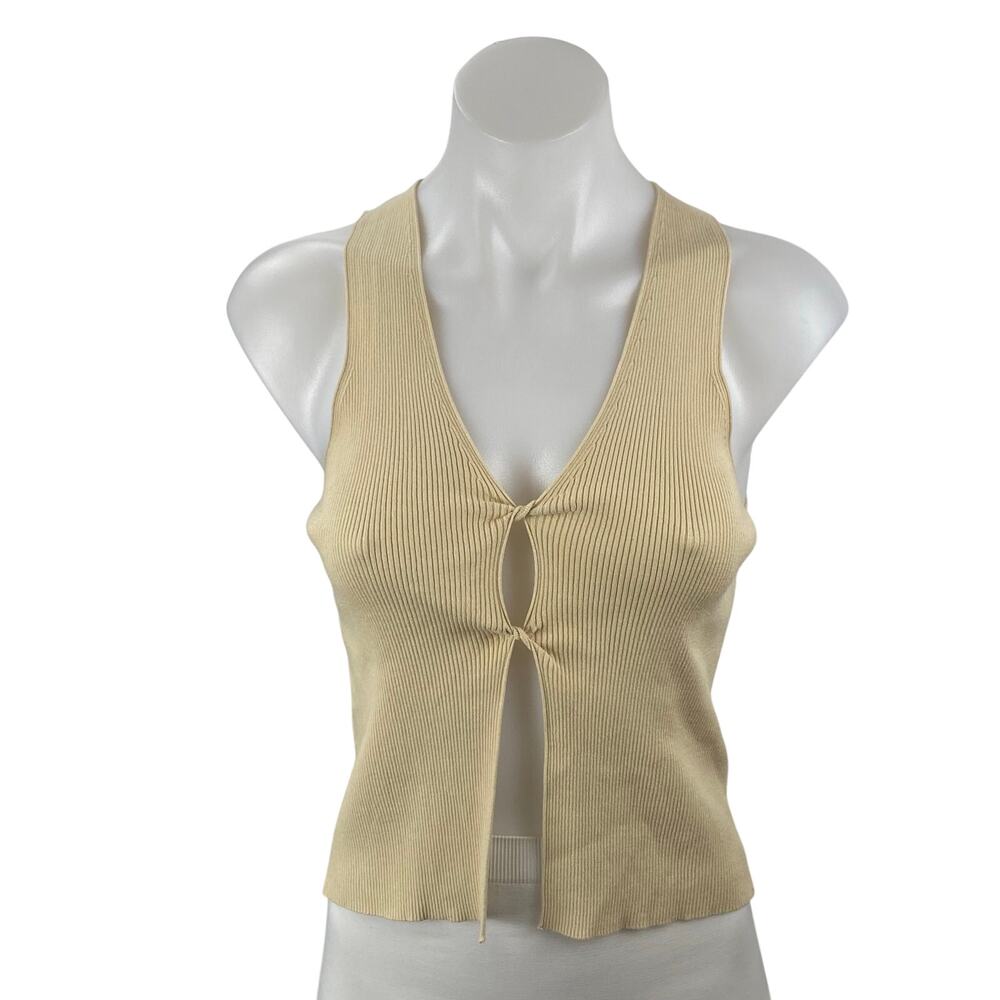 MNG Mango Beige Ribbed Sleeveless Twist Front Cami Tank Cardigan Sweater Vest M